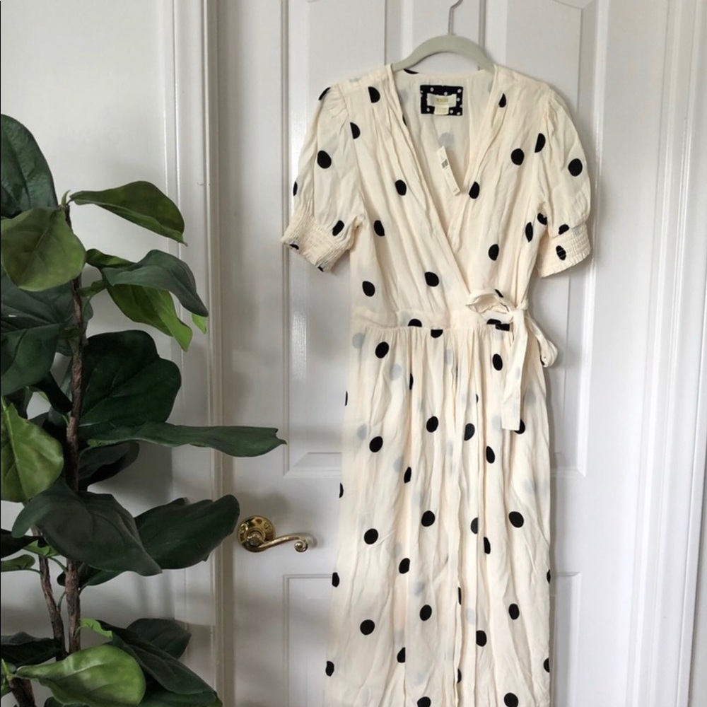 Anthropologie Cream Dress with Black Polka Dots